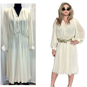 Vintage ivory white chiffon pleated elegant V-neck midi dress fit and flare 6